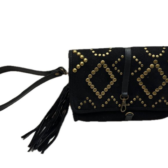 BLACK SUEDE CLUTCH OR CROSS BODY WITH GOLD STUDS A - Picture 2 of 10